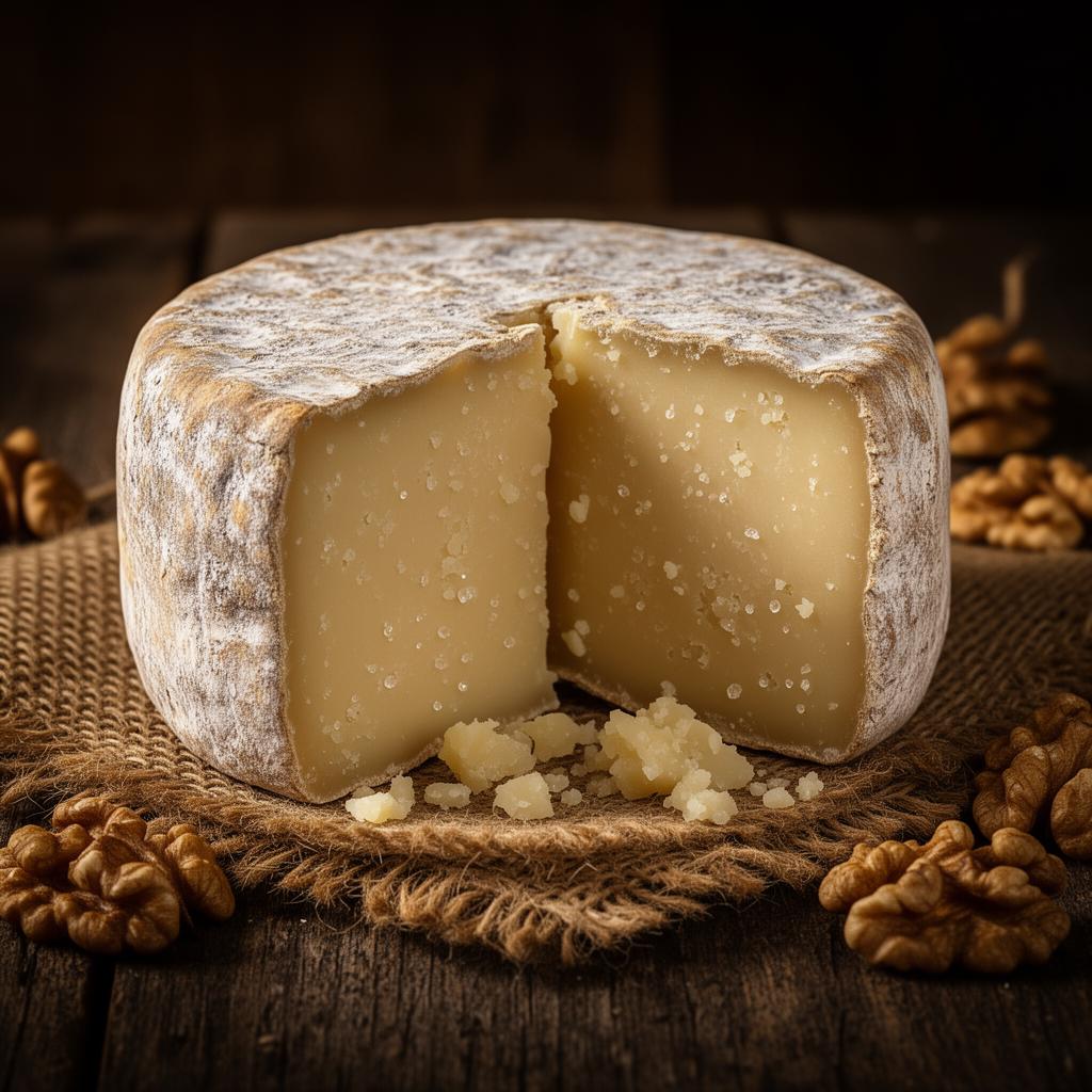 Aged hard cheese wheel cut open