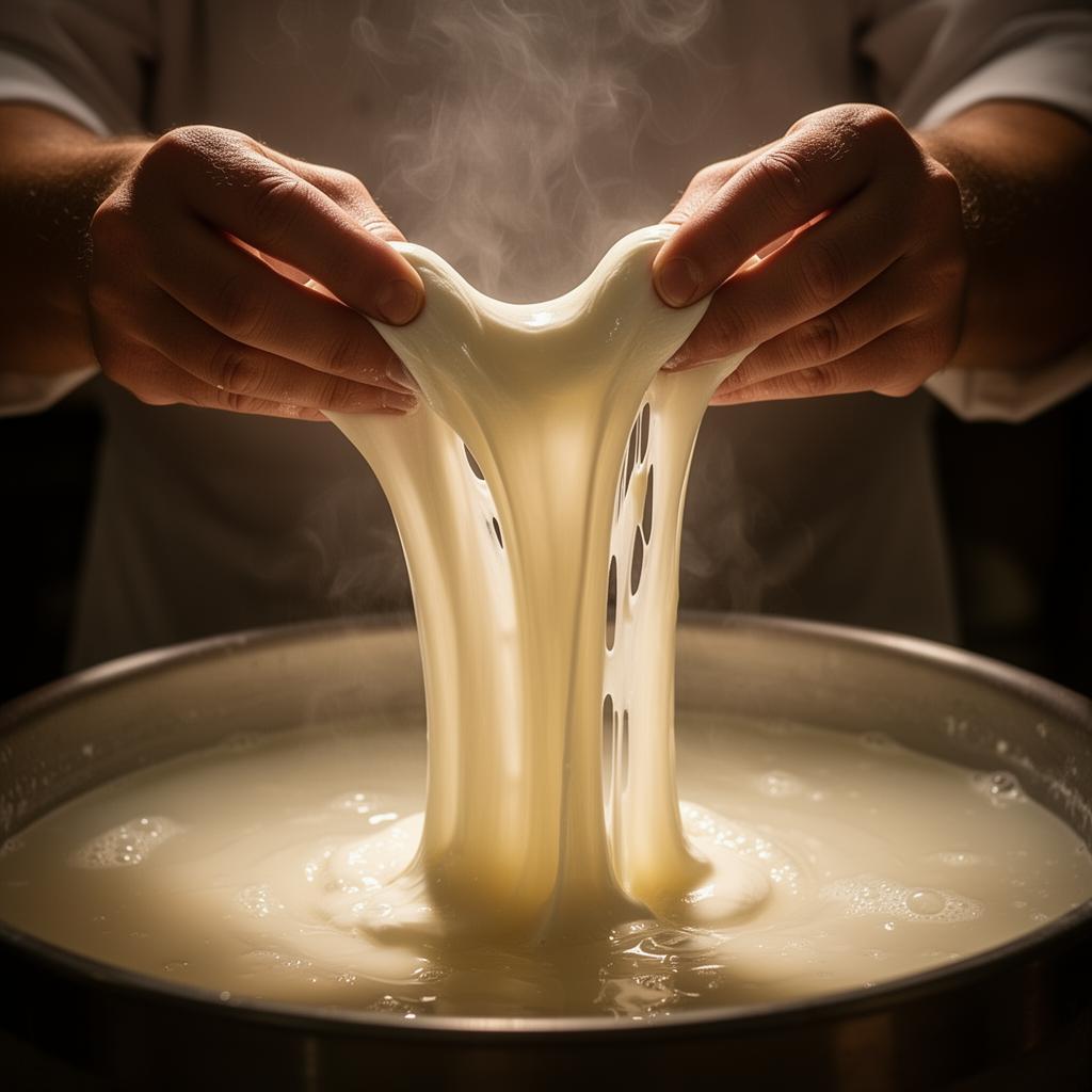 Stretching fresh mozzarella by hand